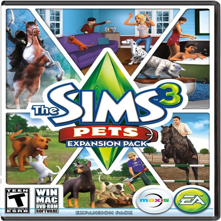 The cover art for Sims 3 pets expansion pack, which includes scenes like a man riding a horse, another man in a pet shelter with a dalmatian, another man giving a cat a bath, and a cat and dog playing by a tree