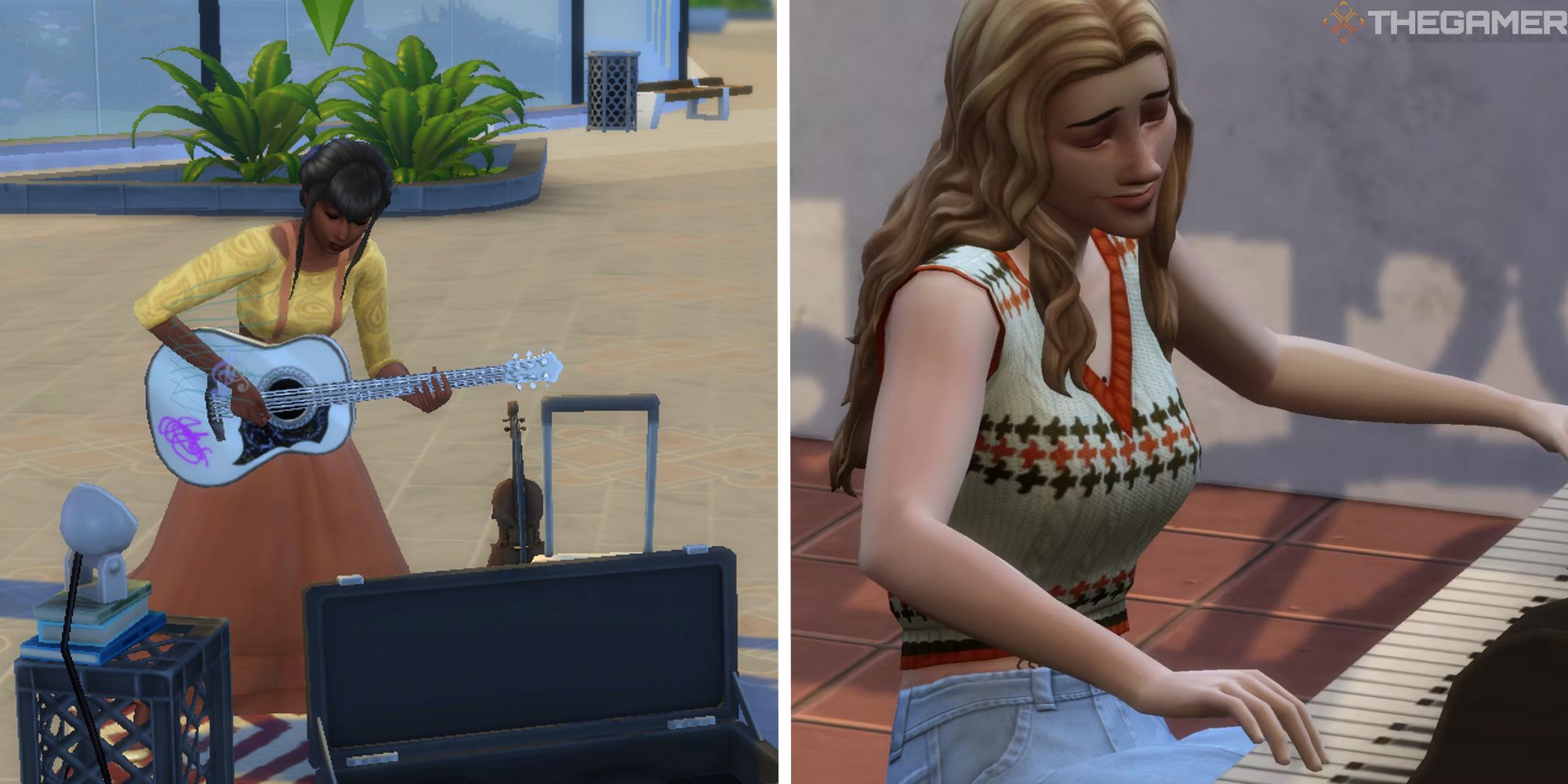 A female Sim is playing a guitar outdoors while another female Sim is playing the piano indoors.