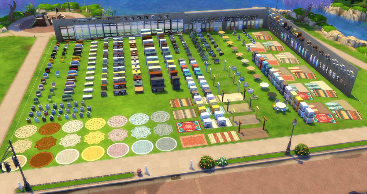 A detailed collection of furniture, decorations, and outdoor items from The Sims 4, organized in a neat grid on a green lawn with pathways a