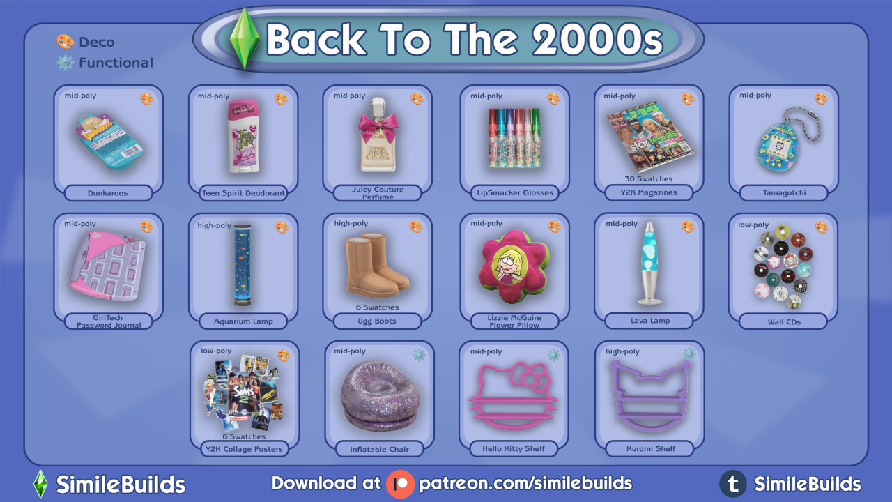 Sims4Finds, A set of 16 Y2K nostalgia-themed items, with 2000s...