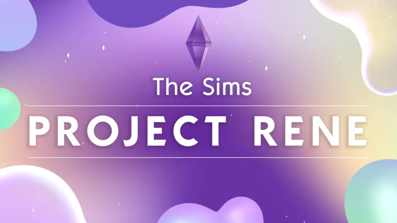 Promo Art for Project Rene, featuring clouds on a purple background with a purple Plumbob floating above the words "Project Rene."