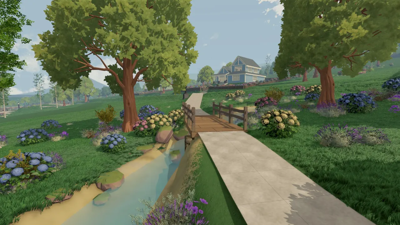 The park crossing, with a stream, planting and neighboring homes.