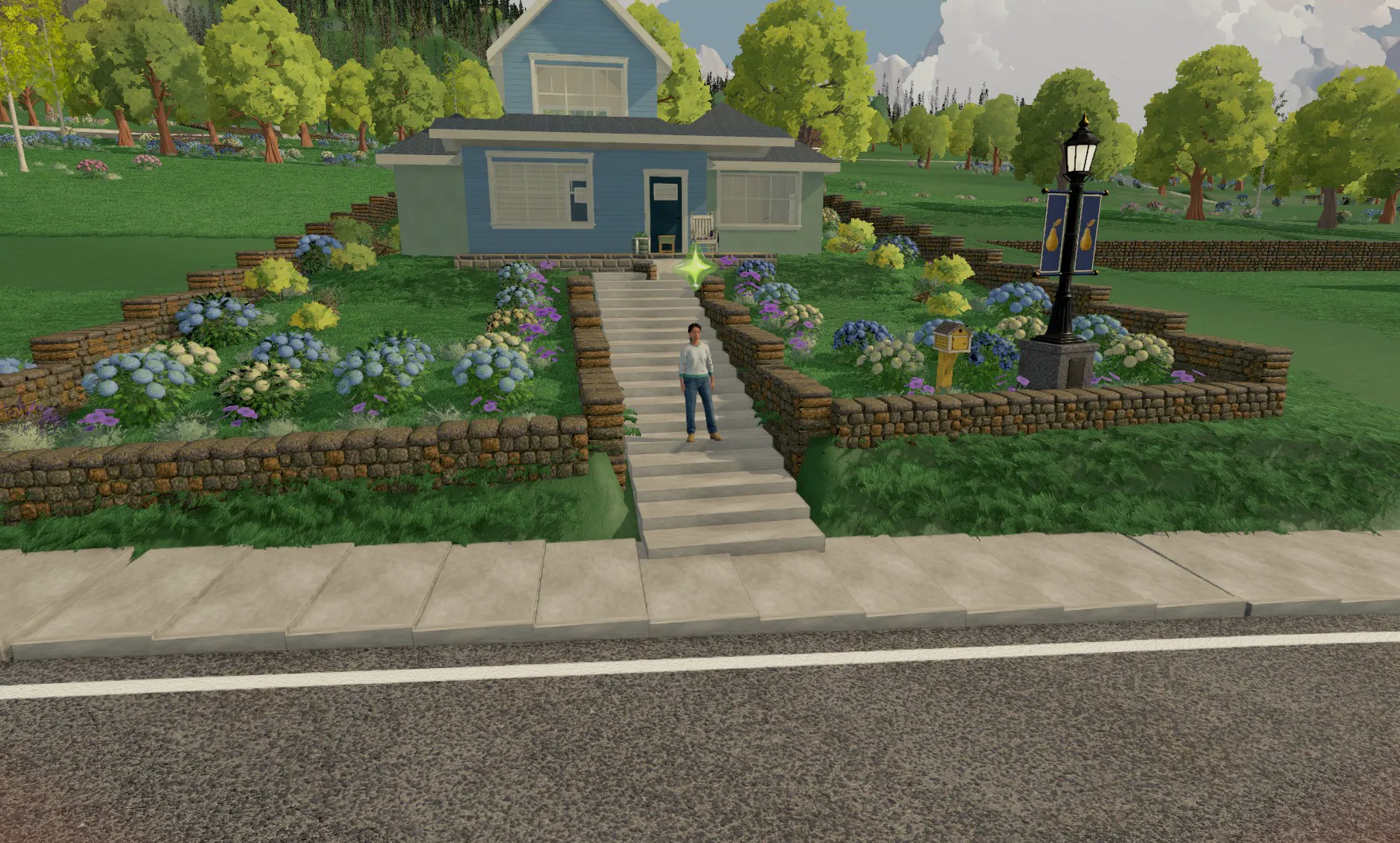 The Marin family home in Goodhaven: a blue house above hydrangea beds and stone walls, with a Goodie on the front steps.
