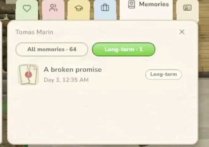 A broken promise in Tomas's long-term memory.