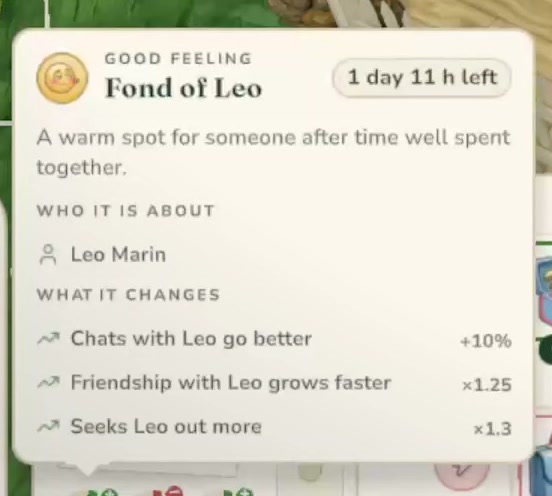 Tomas’s Fond of Leo feeling card at 07:05 in Game Log 3.