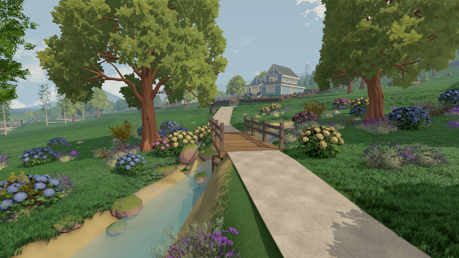 The park crossing in the ongoing Goodhaven development work, with the stream, planting and neighbouring homes brought into the same view.