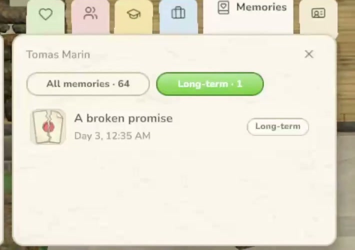 A broken promise in Tomas’s long-term memory at 19:50 in Game Log 3.