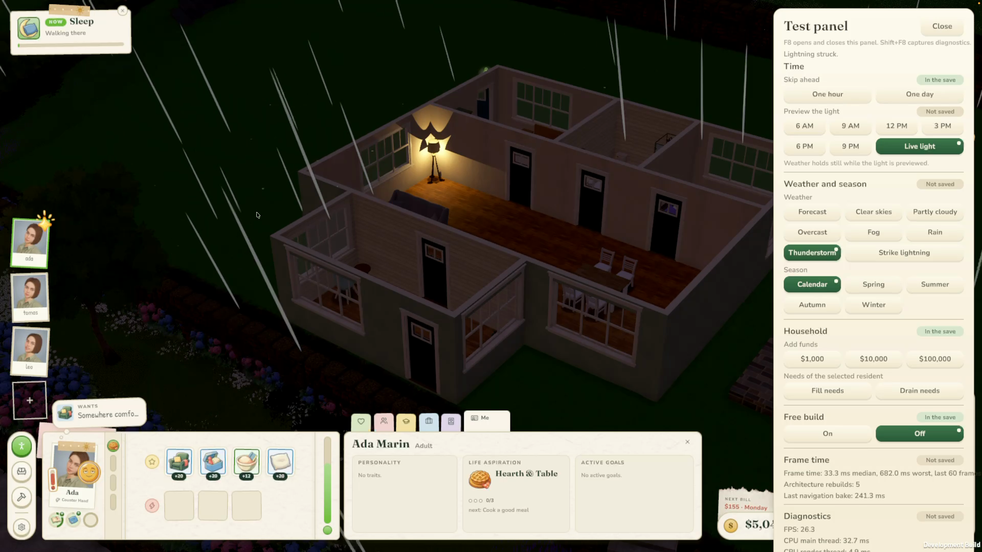 Rain and a thunderstorm demonstrated with the weather test controls open in the development build.