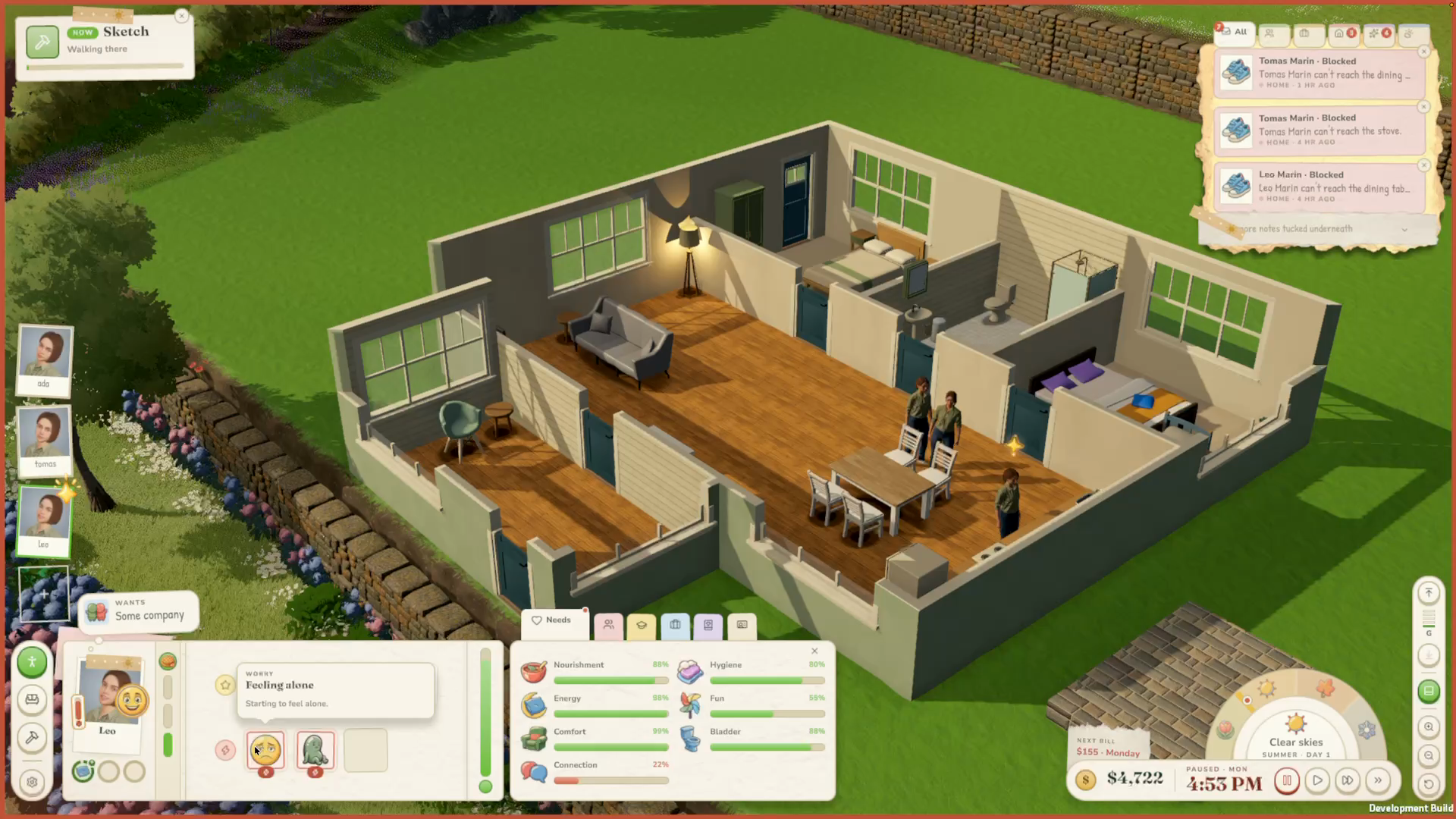 Needs, wants and worries during the Game Log #2 test-home walkthrough. Blocked-interaction notices are visible in this development build.