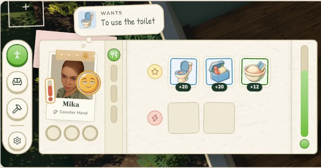The live-mode HUD: Mika's portrait card, a thought bubble saying she wants to use the toilet, and three suggested actions.