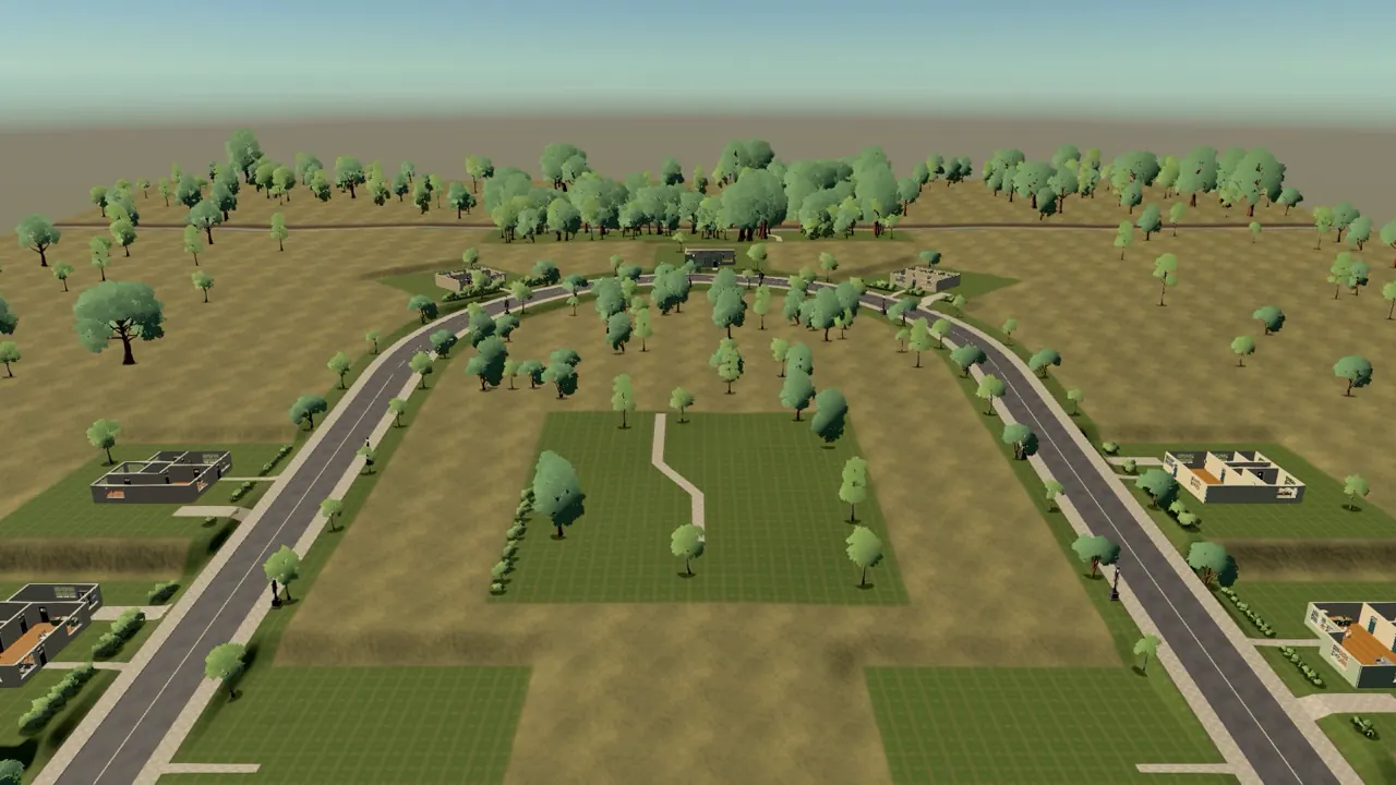 The first version of Linden Rise from above: a flat plot of land with houses laid out on a grid.
