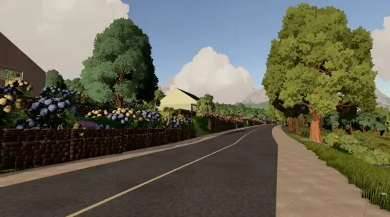 The road up the crescent between hedges.
