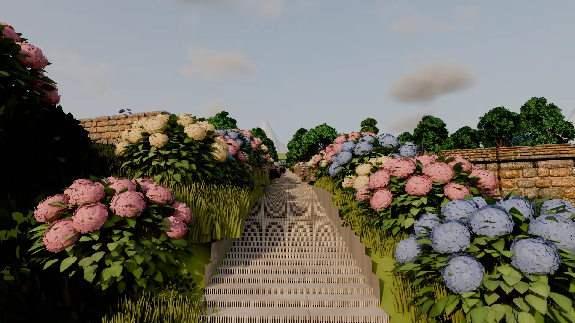 Stone steps climbing between banks of pink, blue and cream hydrangeas, a stone wall at the top.
